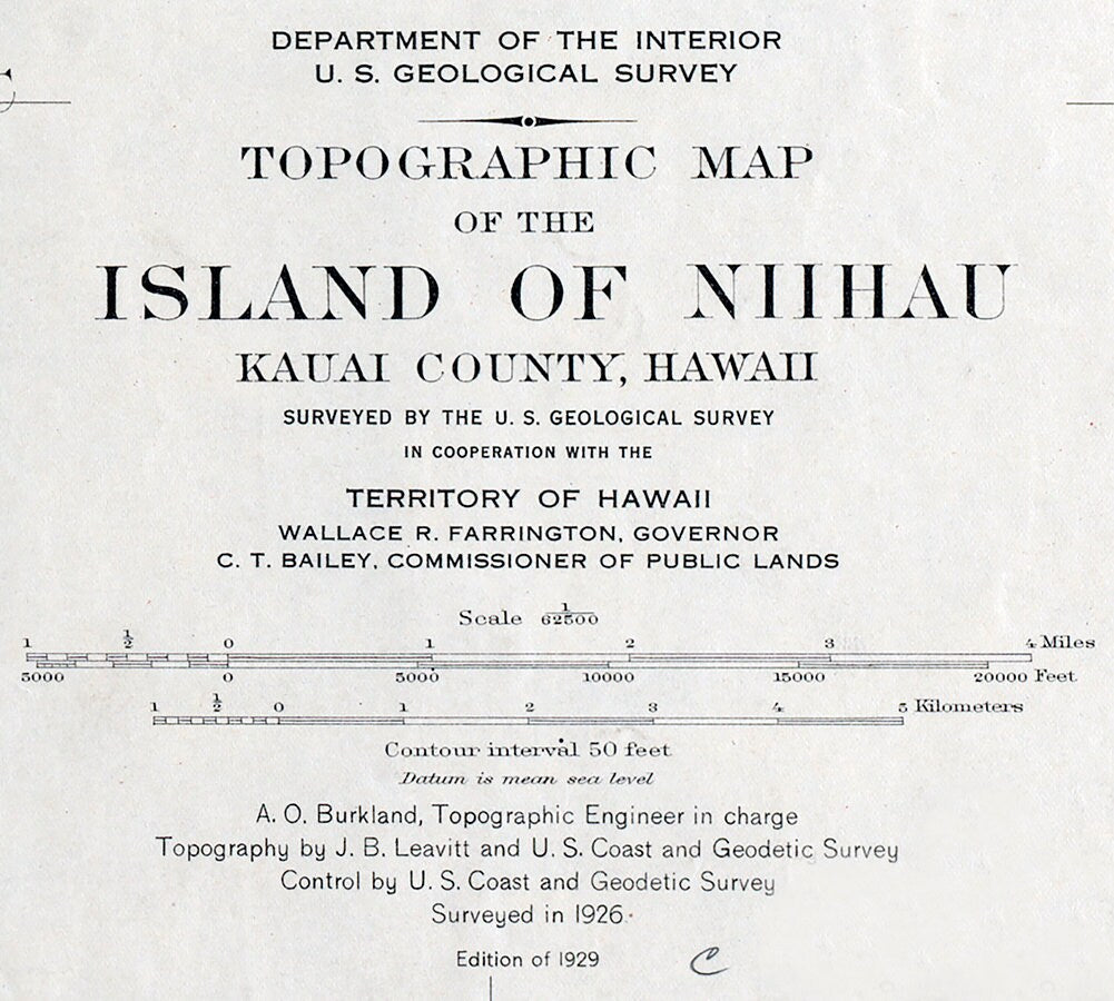 1929 Map of The Island of Niihau Kauai County Hawaii