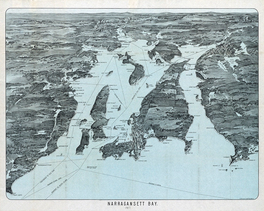 1907 Panoramic Map of Narragansett Bay Bristol County Rhode Island