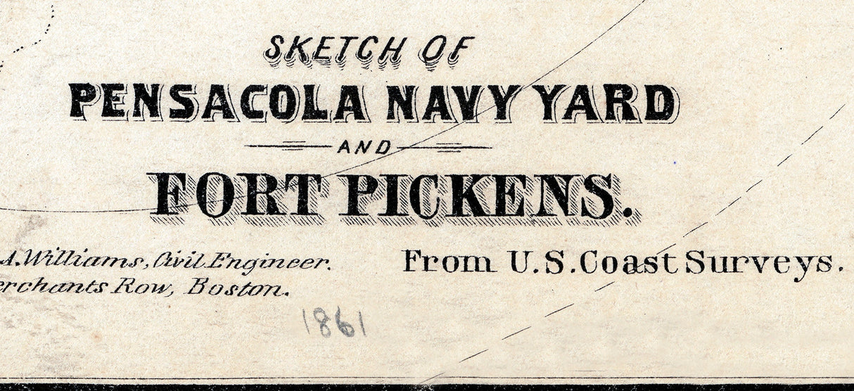 1861 Map of Pensacola Florida Navy Yard and Fort Pickens