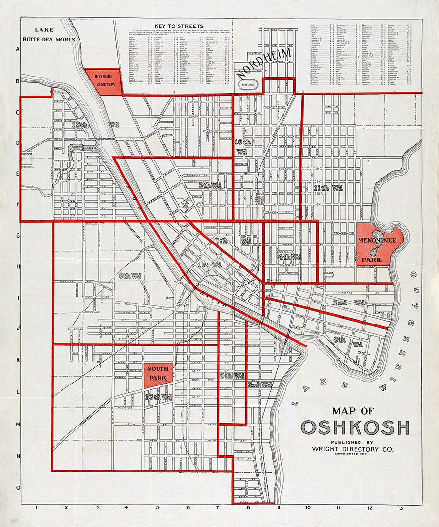 1919 Map of Oshkosh Winnebago County Wisconsin