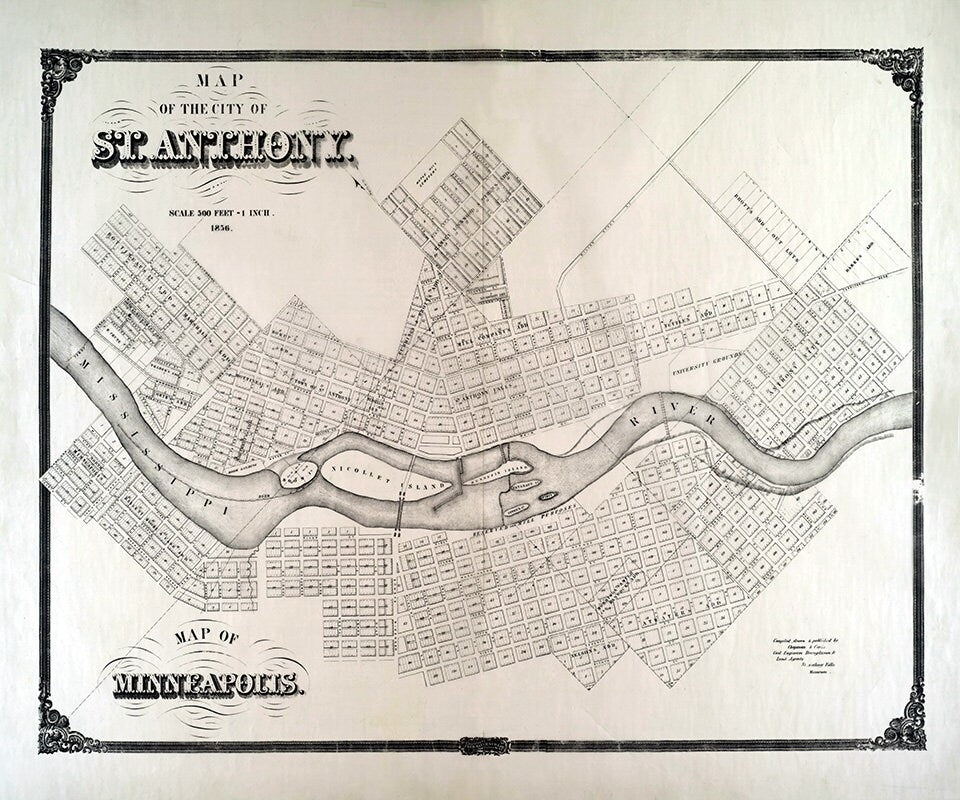 1856 Map of St Anthony and Minneapolis Minnesota