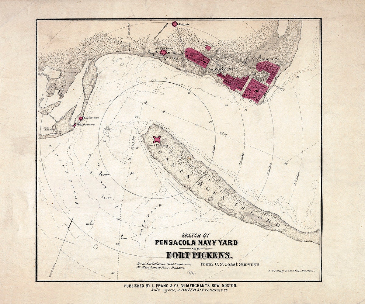 1861 Map of Pensacola Florida Navy Yard and Fort Pickens