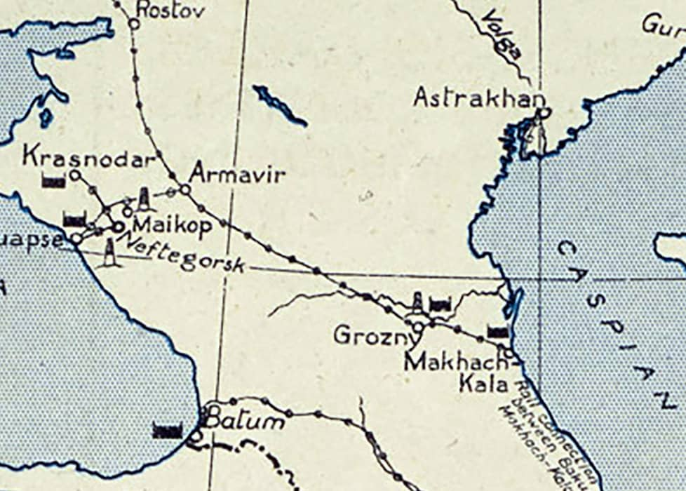 1945 Map of Middle Eastern Country Oil Fields and the USSR