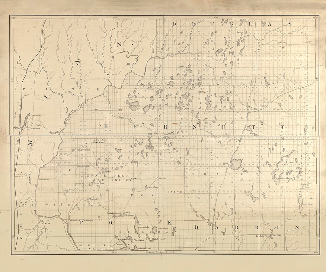 1880 Map of Burnett County Wisconsin