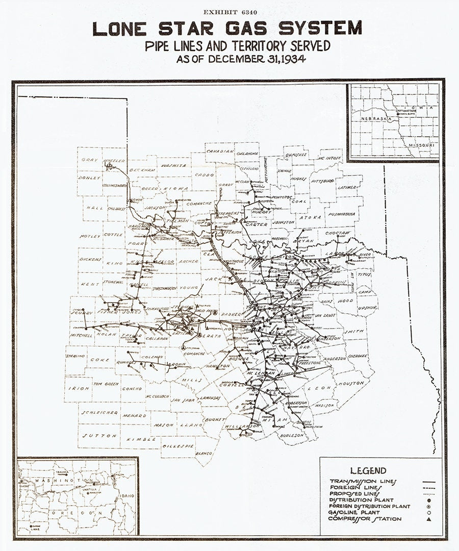 1934 Pipeline Map of The Lone Star Gas System Texas and Oklahoma