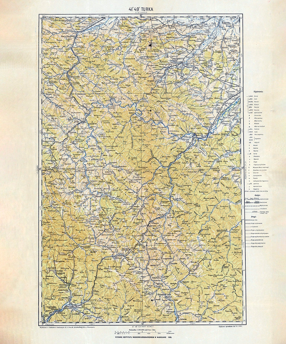 1922 Map of The Turka and Stary Sambor Region Galicia Ukraine