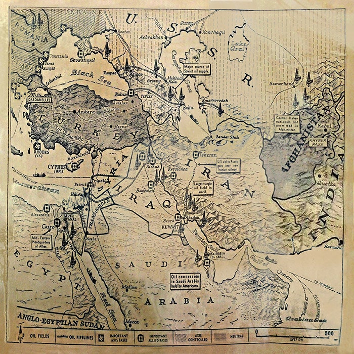 1940s Map of Middle East Oil Fields During World War 2