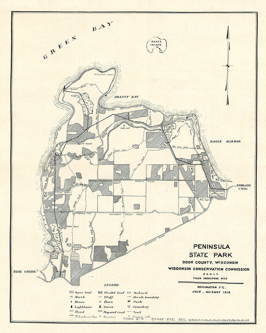 1916 Map of Door County Wisconsin Peninsula State Park