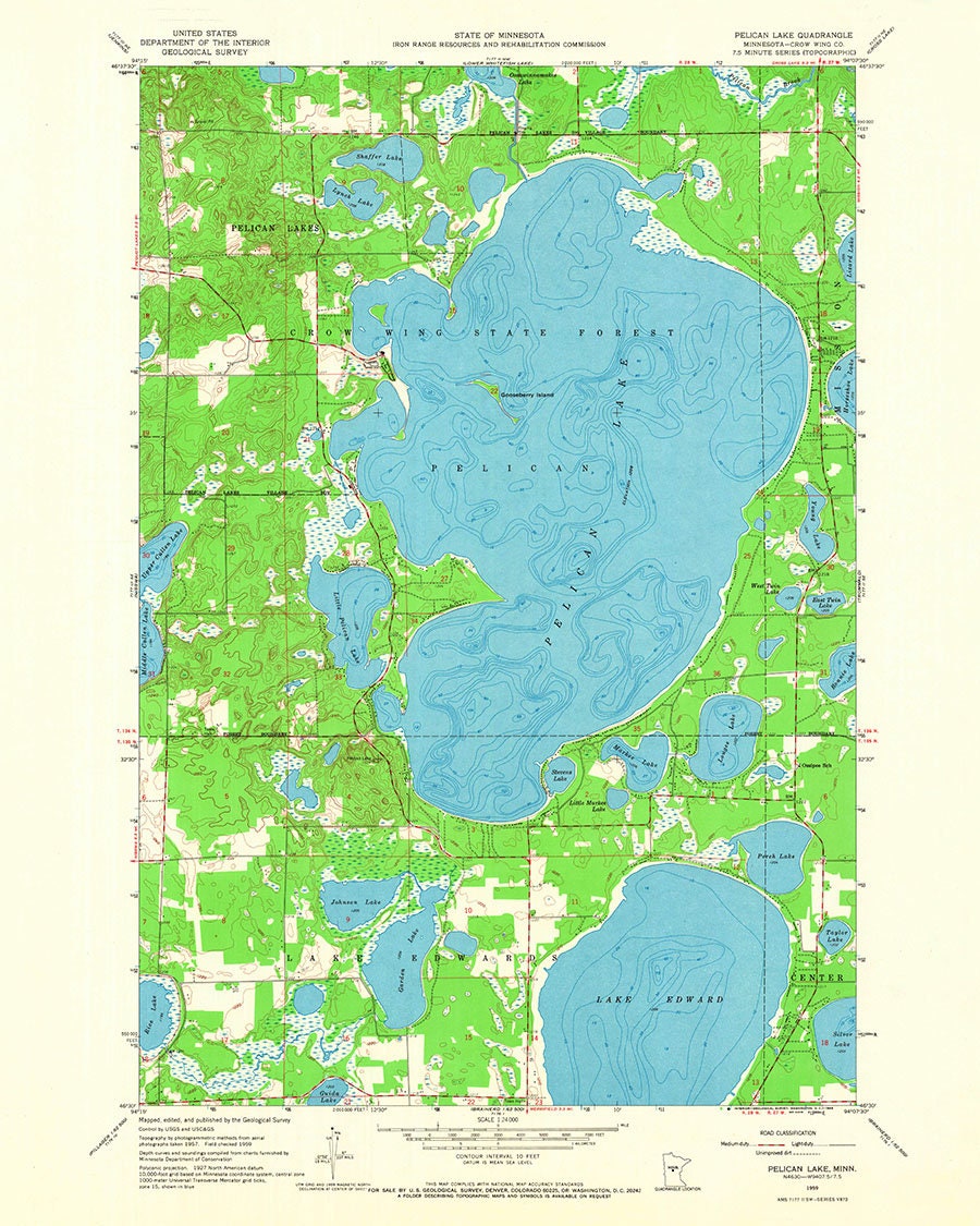 1959 Topo Map of Pelican Lake Crow Wing County Minnesota