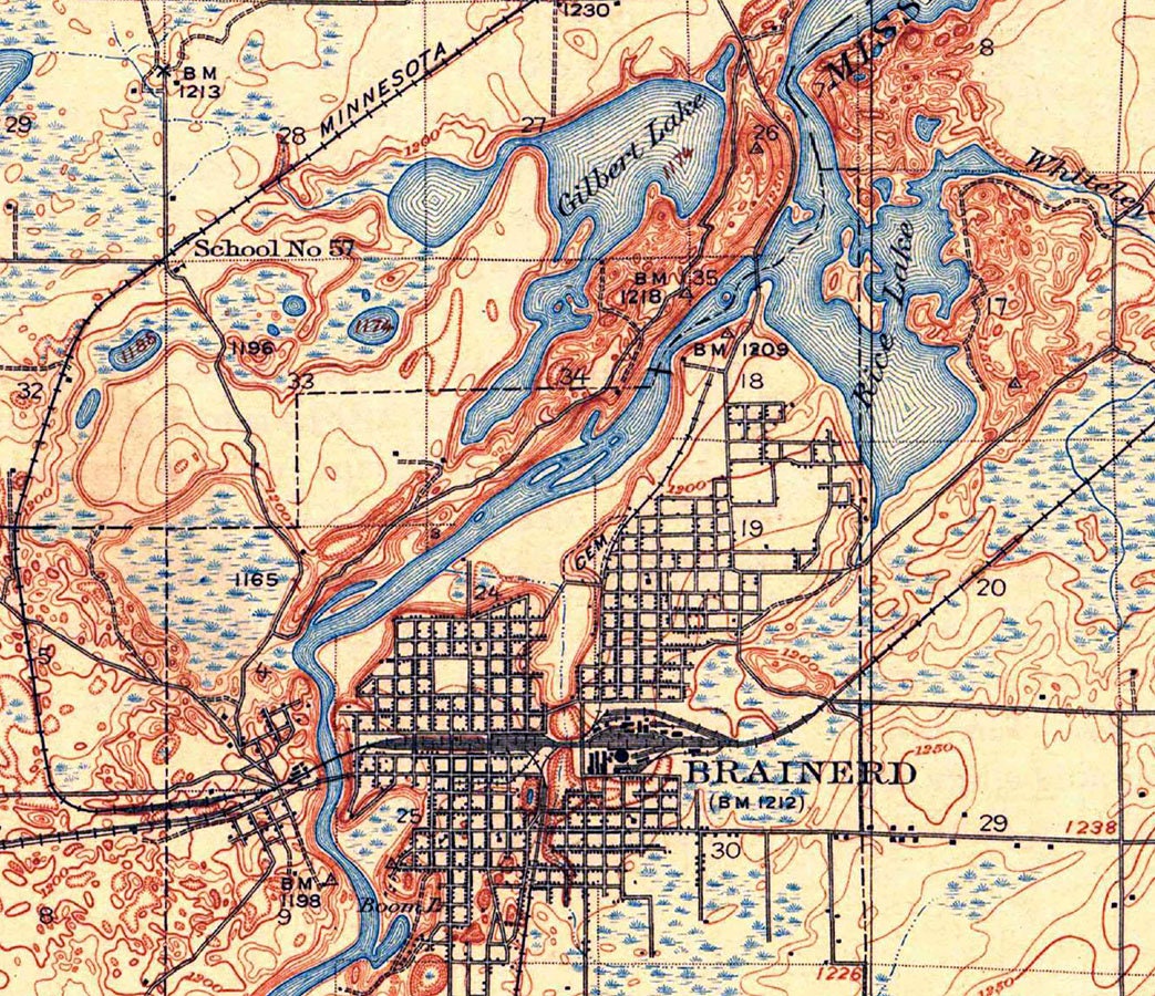 1918 Topo Map of Brainerd Minnesota Quadrangle Long Lake Mississippi River