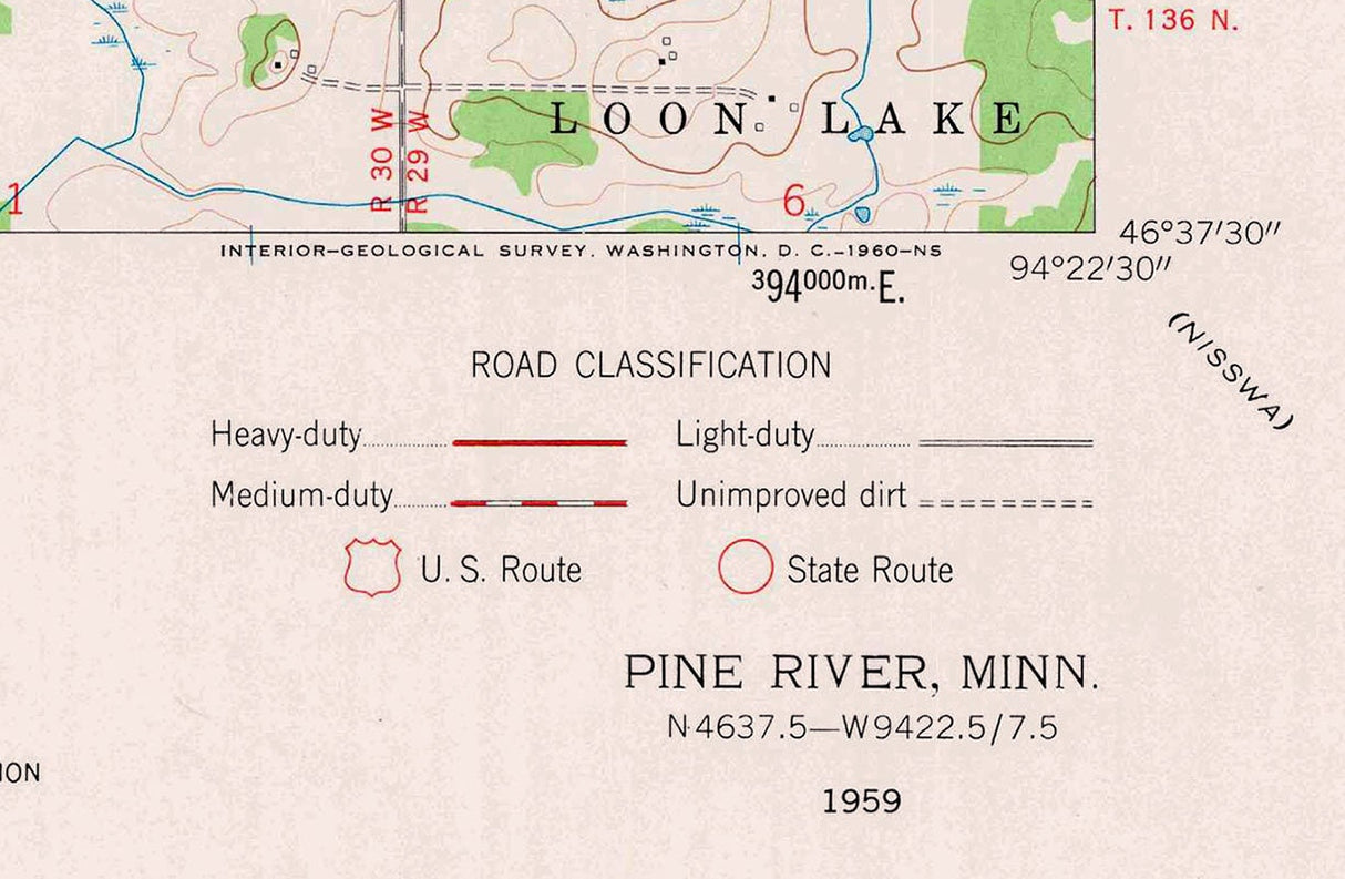 1959 Topo Map of Pine River Minnesota Quadrangle Norway Lake Chickamaw Beach