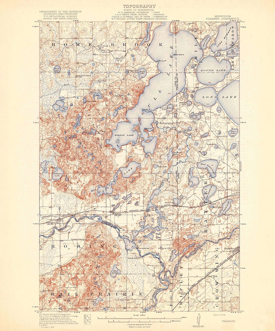 1919 Topo Map of Pillager Minnesota Quadrangle Gull Lake Rail Prairie