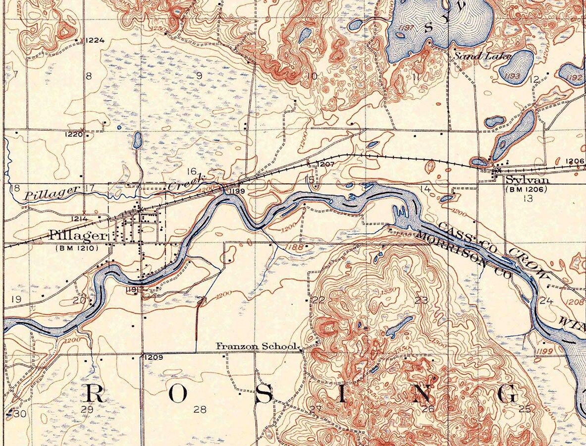 1919 Topo Map of Pillager Minnesota Quadrangle Gull Lake Rail Prairie