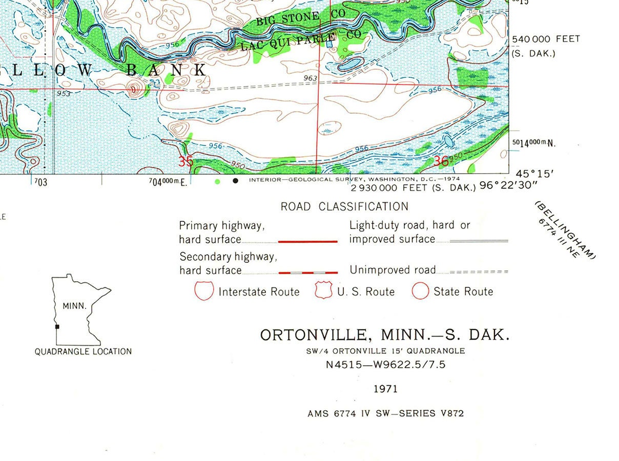 1971 Map of Big Stone Lake and Ortonville Minnesota Quadrangle