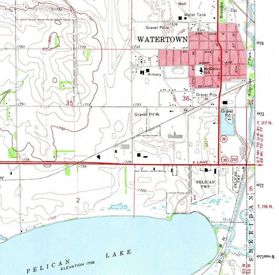 1969 Map of Lake Kampeska and Watertown South Dakota