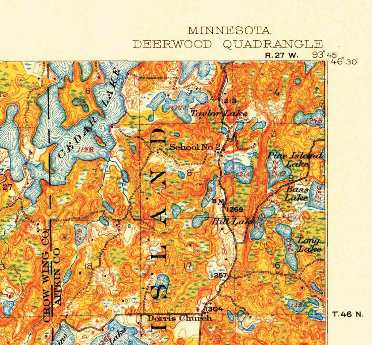 1914 Topo Map of Deerwood Minnesota Quadrangle Bay Lake Mille Lacs Lake