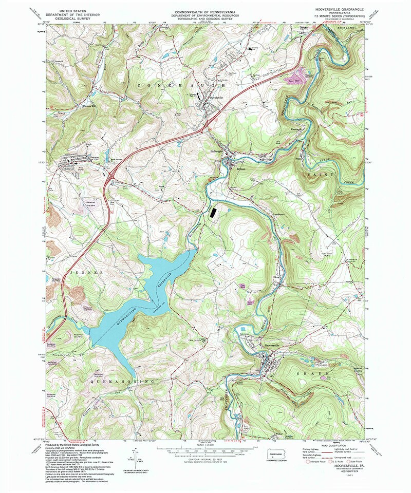 1971 Topo Map of Hooversville Pennsylvania Quadrangle Quemahonig Reservoir