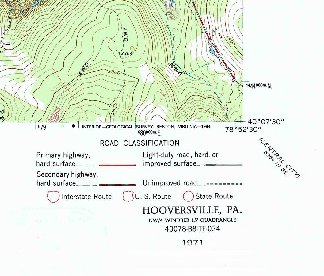 1971 Topo Map of Hooversville Pennsylvania Quadrangle Quemahonig Reservoir