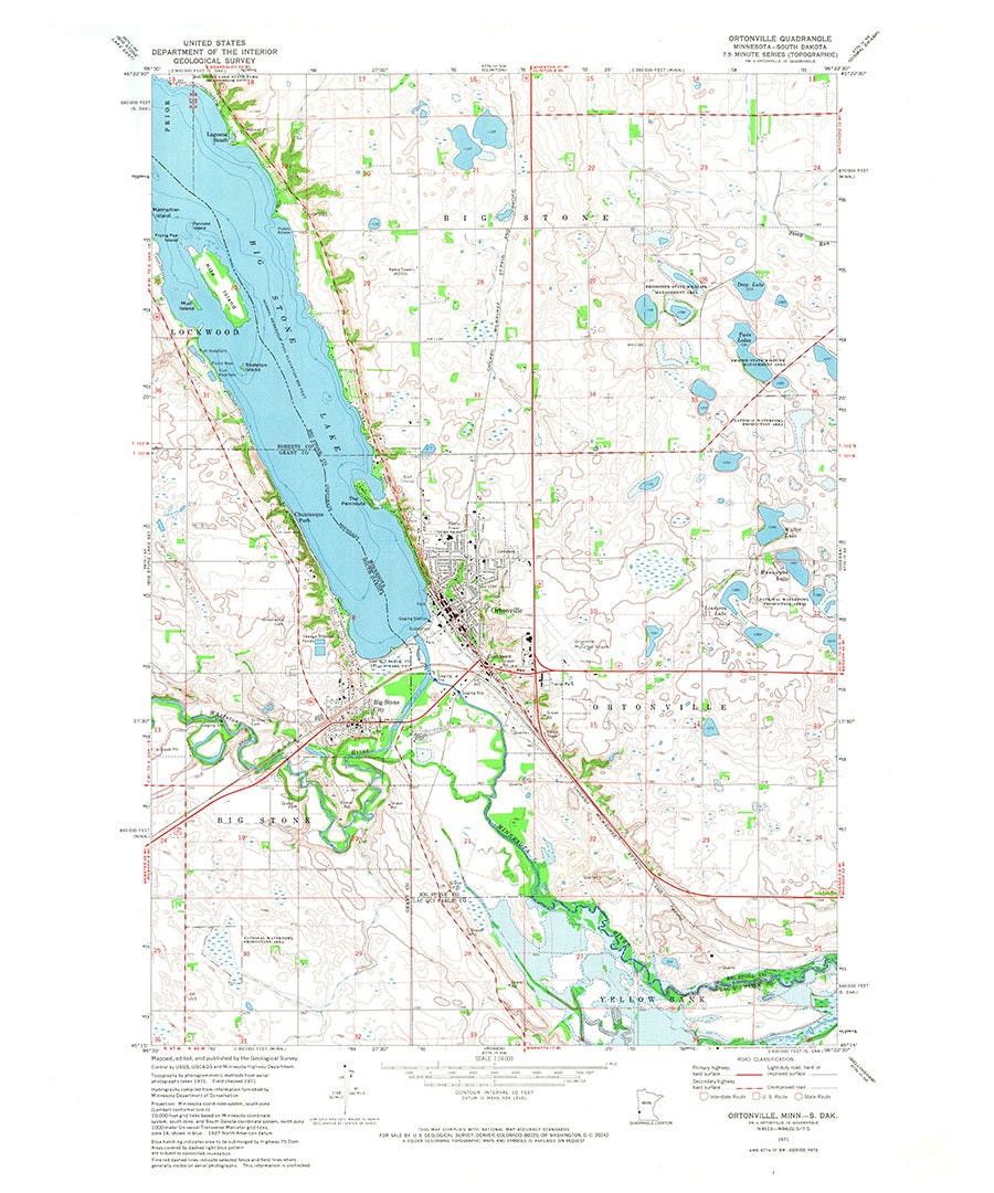 1971 Map of Big Stone Lake and Ortonville Minnesota Quadrangle