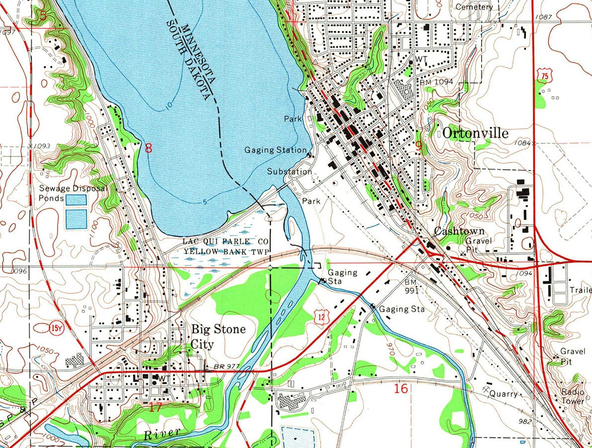 1971 Map of Big Stone Lake and Ortonville Minnesota Quadrangle