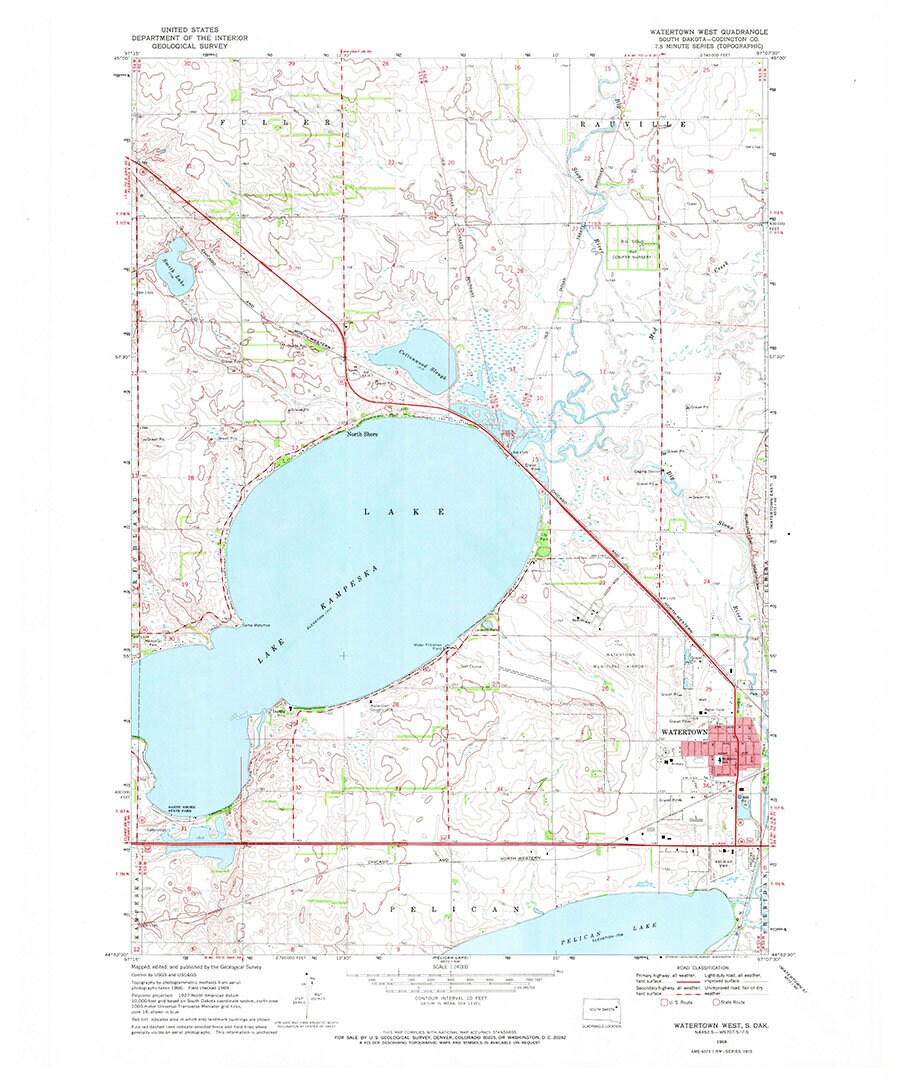 1969 Map of Lake Kampeska and Watertown South Dakota