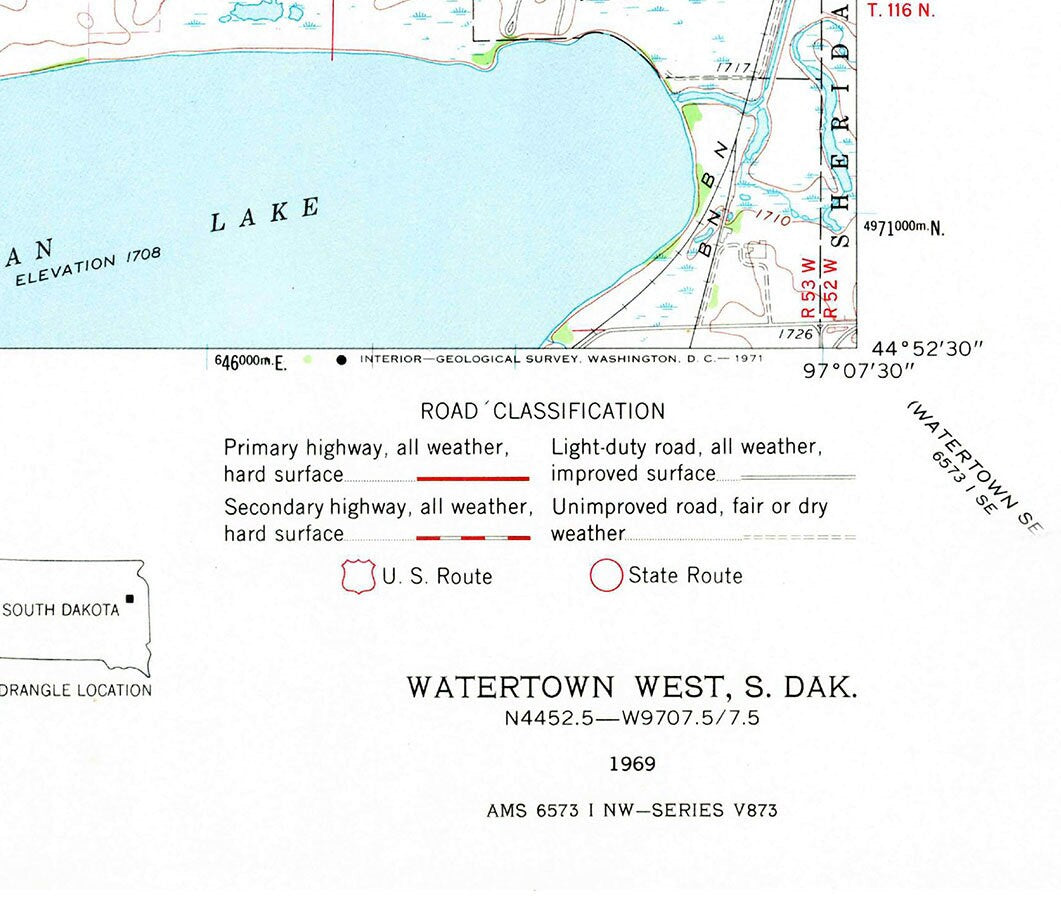 1969 Map of Lake Kampeska and Watertown South Dakota