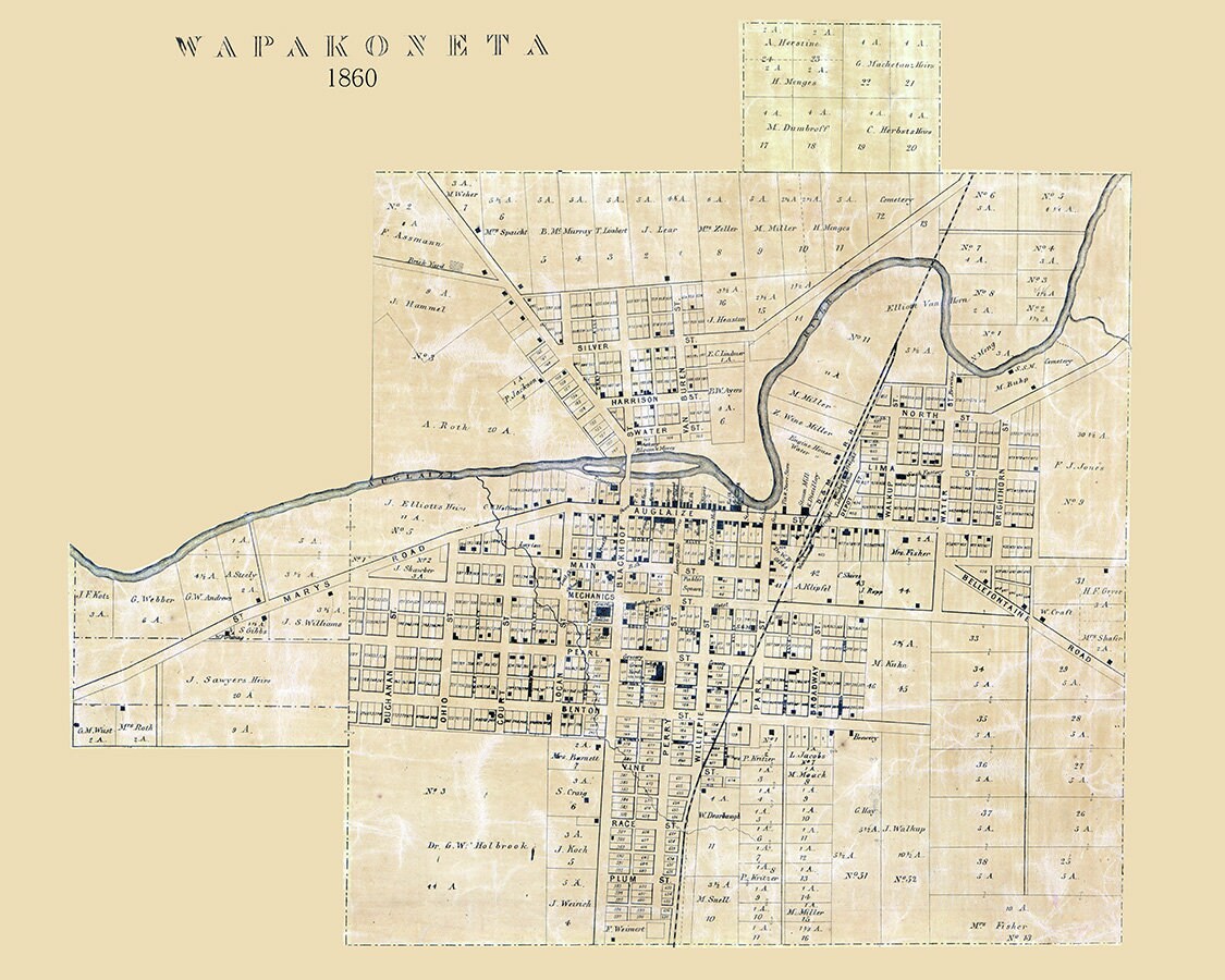 1860 Map of Wapakoneta Auglaize County Ohio