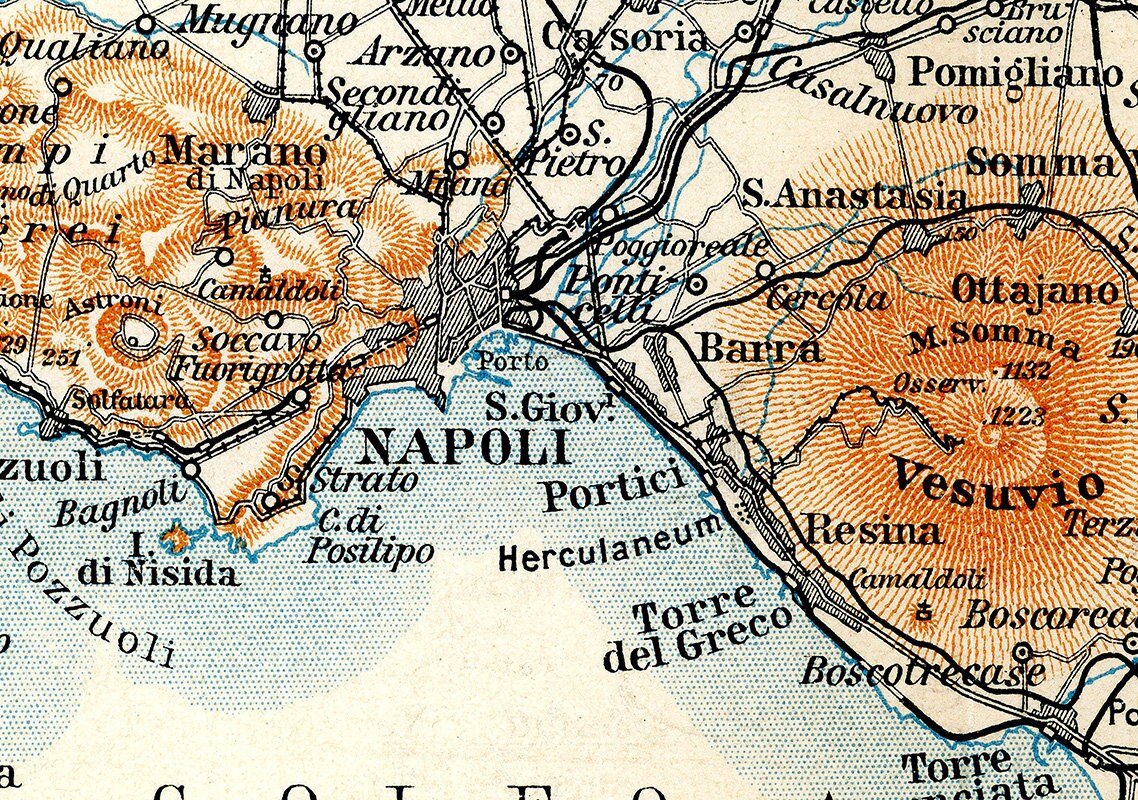 1910 Map of Napoli Vesuvius Italy Baedeker Map