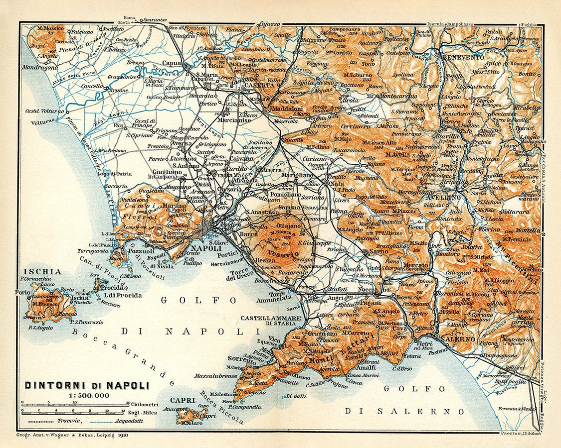 1910 Map of Napoli Vesuvius Italy Baedeker Map