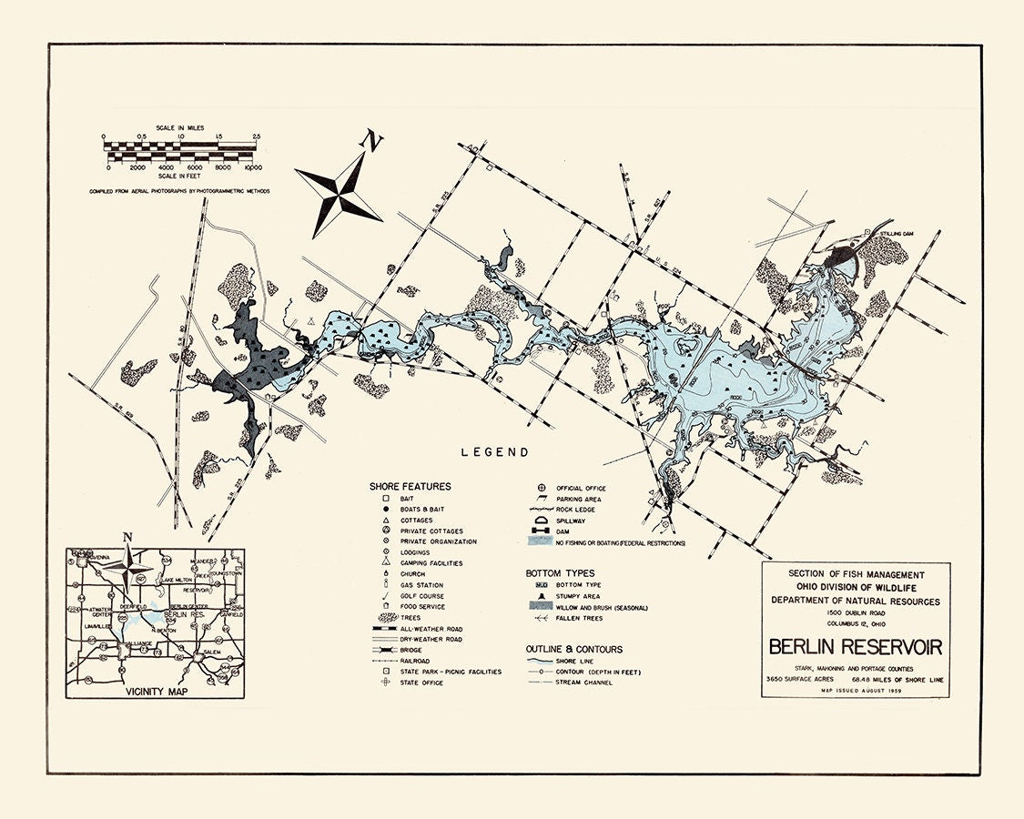 1959 Map of Berlin Lake Reservoir Stark Mahoning and Portage County Ohio
