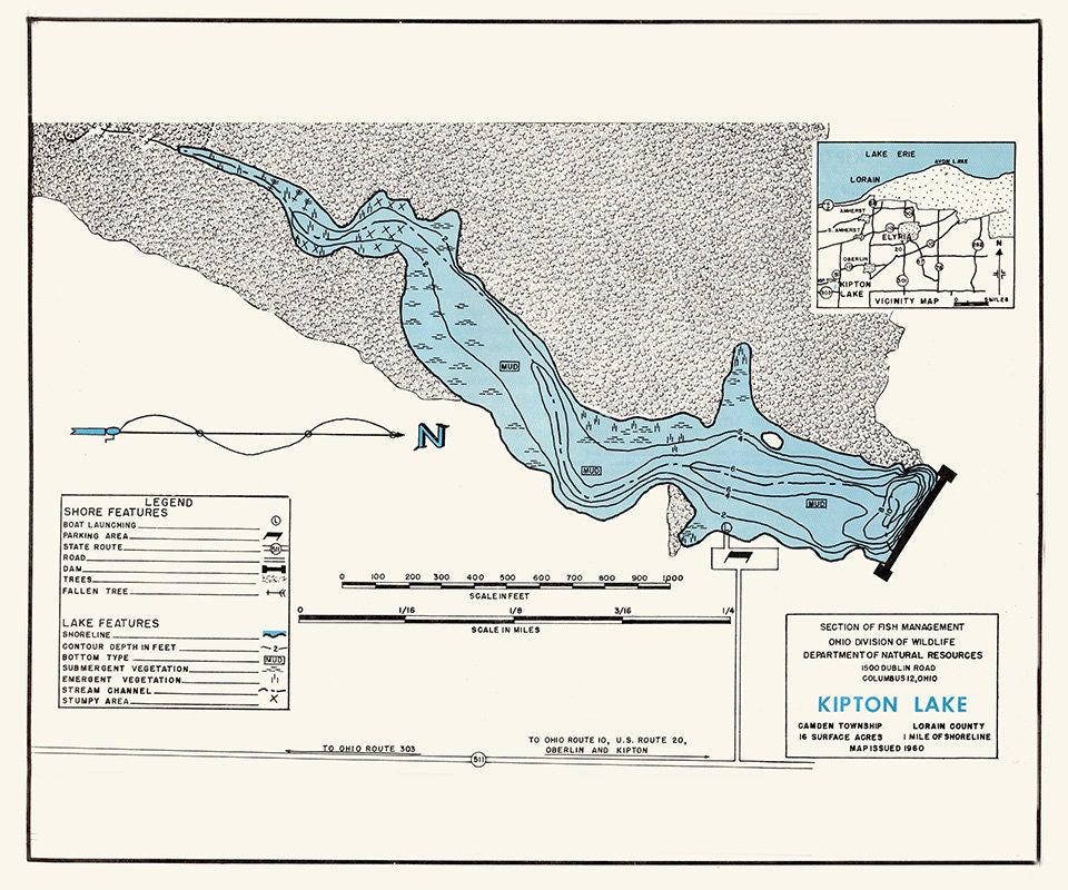 1960 Map of Kipton Lake Lorain County Ohio