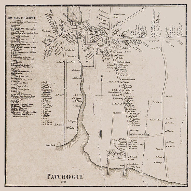 1858 Map of Patchogue Suffolk County New York