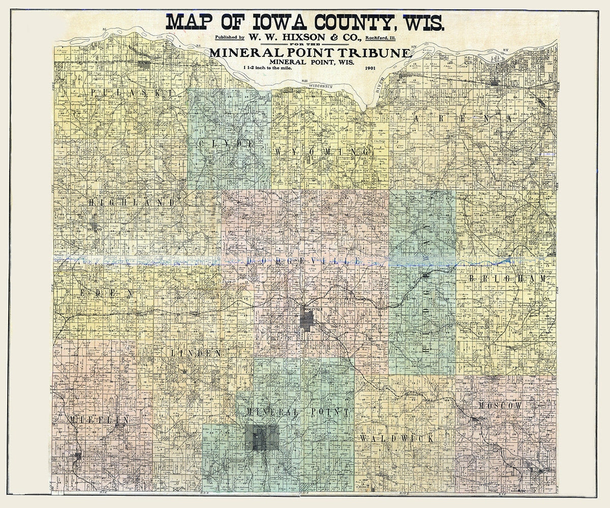 1901 Farm Line Map of Iowa County Wisconsin