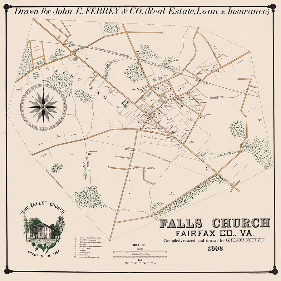 1890 Map of Falls Church Fairfax County Virginia