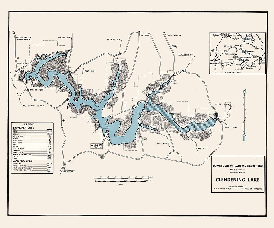 1960 Map of Clendening Lake Harrison County Ohio