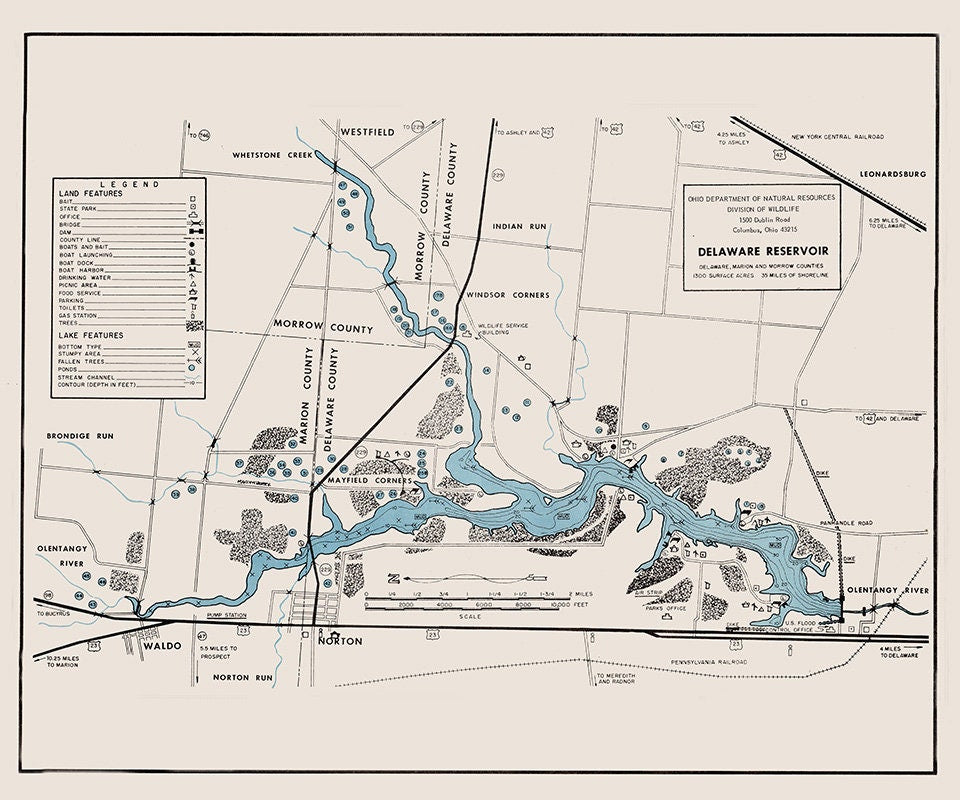 1960 Map of Delaware Reservoir Delaware Marion and Morrow County Ohio