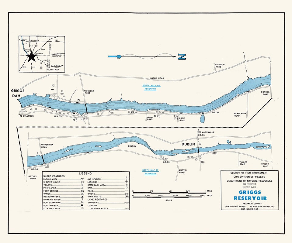 1960 Map of Griggs Reservoir Franklin County Ohio