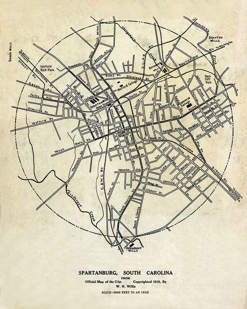 1910 Map of the City of Spartanburg South Carolina