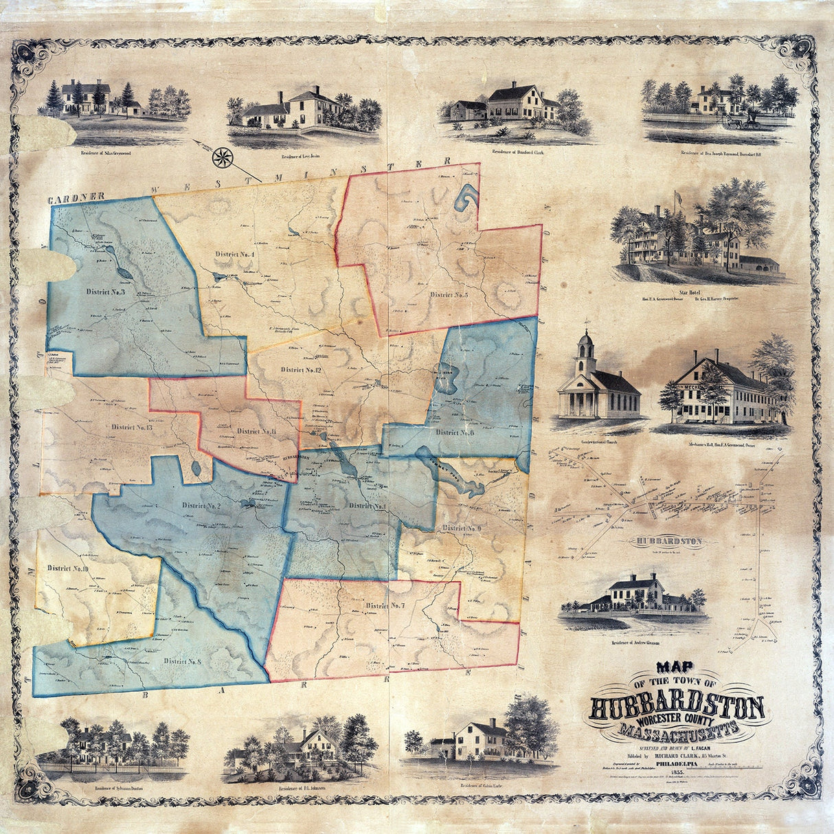 1855 Town Map of Hubbardston Worcester County Massachusetts