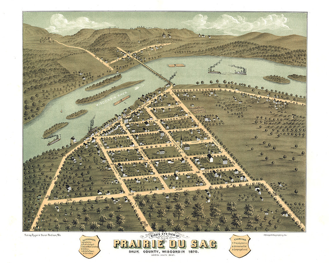 1870 Panoramic Map of Prairie du Sac Sauk County Wisconsin