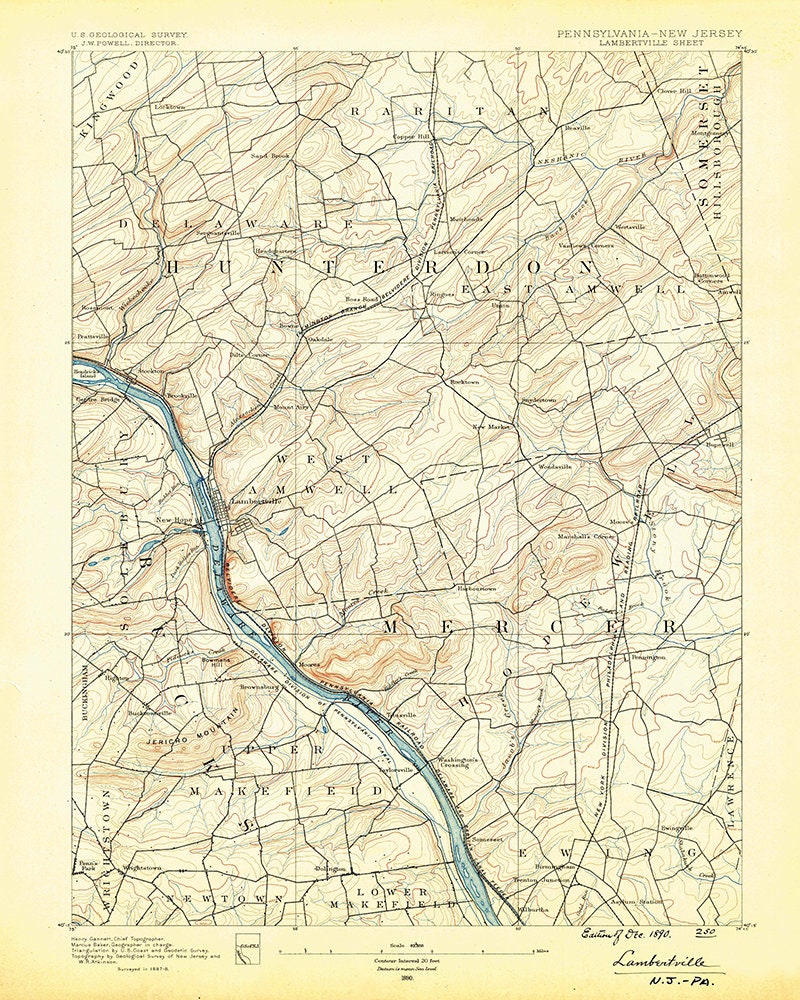 1890 Topo Map of Lambertville Quad Hunterdon and Bucks County