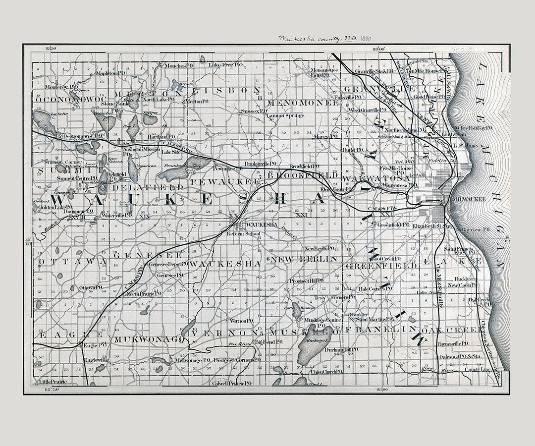 1880 Map of Milwaukee County and Waukesha County Wisconsin