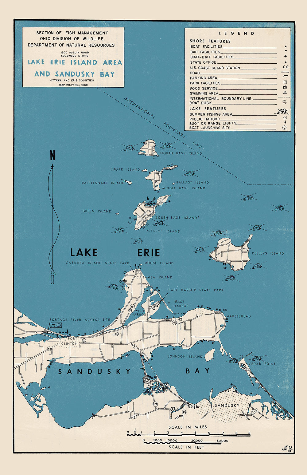 1960 Map of Lake Erie Island Area and Sandusky Bay Ohio