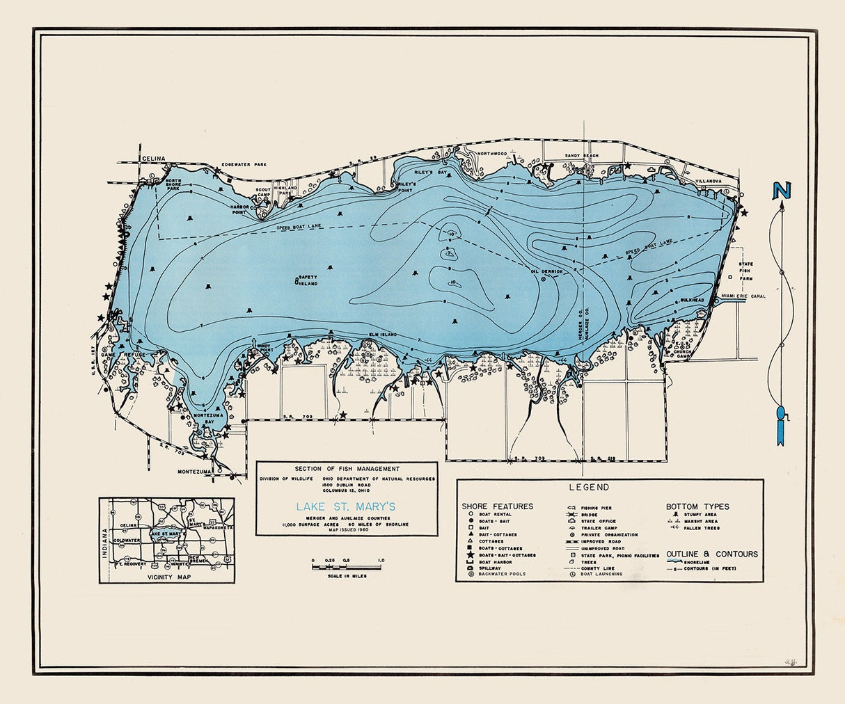 1960 Map of Lake Saint Marys Mercer and Auglaize County Ohio