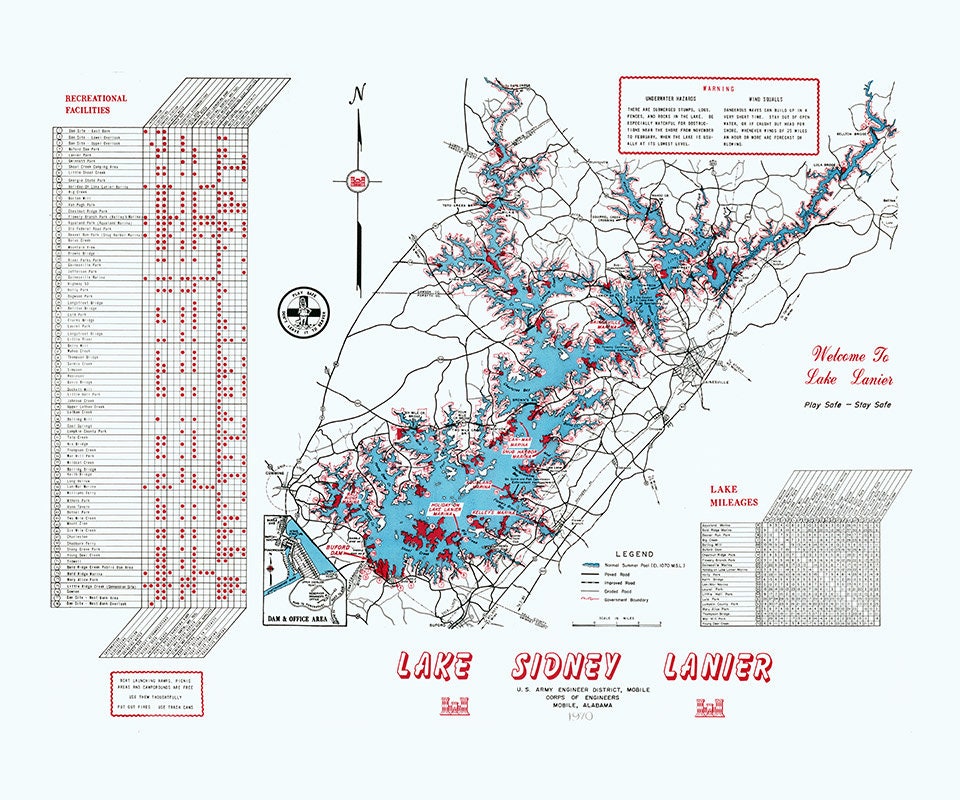 1970 Map of Lake Sidney Lanier Georgia