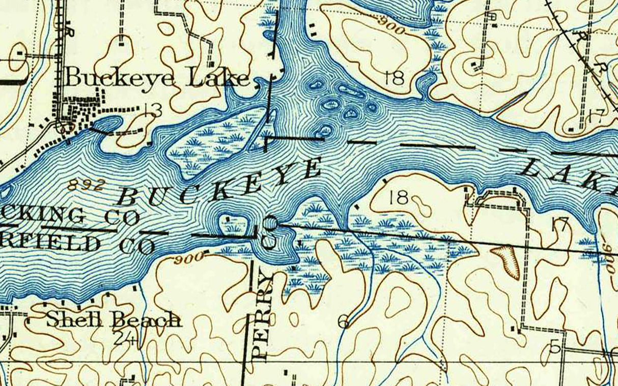 1909 Map of Buckeye Lake Fairfield Perry and Licking County Ohio