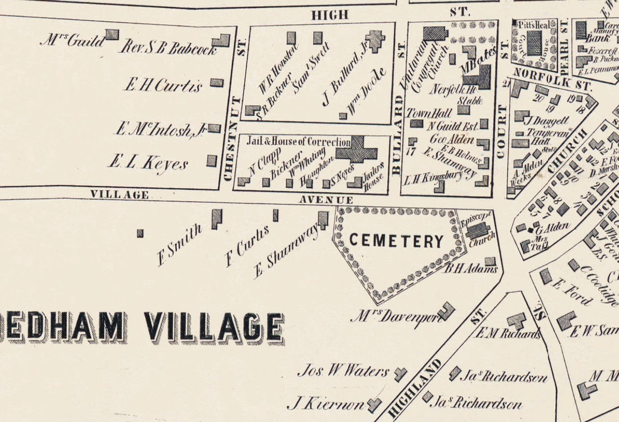 1851 Town Map of Dedham Norfolk County Massachusetts