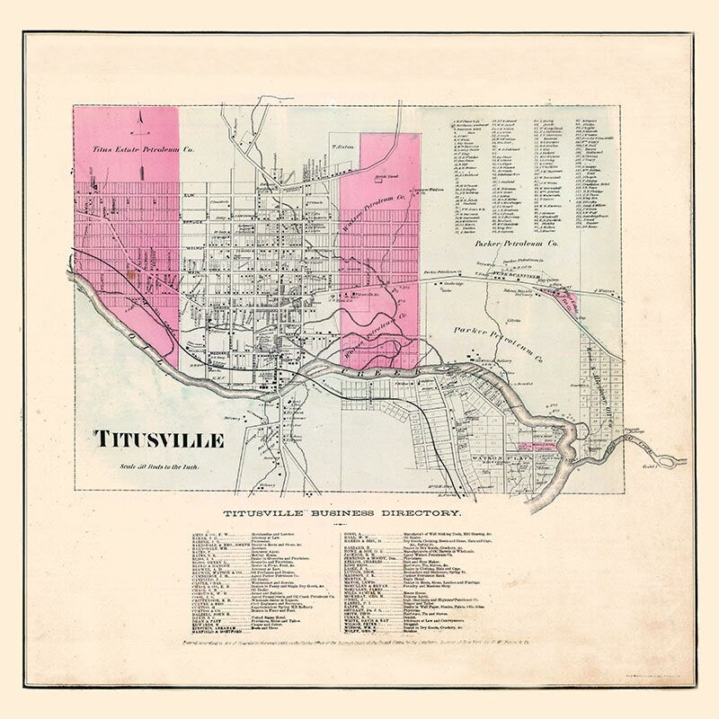 1865 Town Map of Titusville Crawford County Pennsylvania