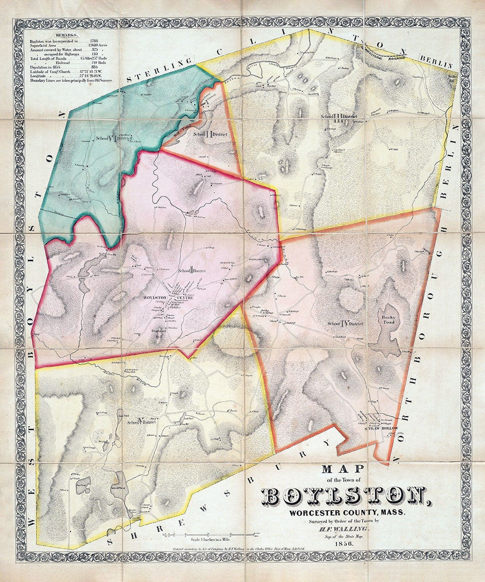 1856 Town Map of Boylston Worcester County Massachusetts