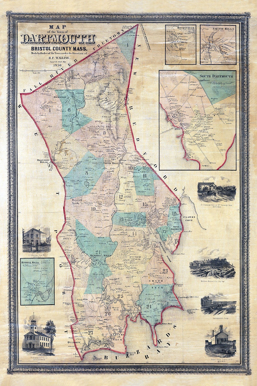 1856 Town Map of Dartmouth Bristol County Massachusetts